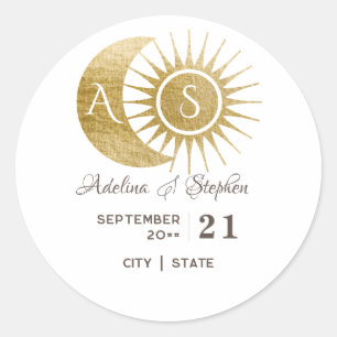 Chic Celestial Witgouden Zon Maan Monogram Crest  Ronde Sticker