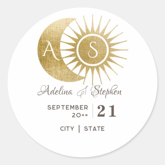 Chic Celestial Witgouden Zon Maan Monogram Crest  Ronde Sticker (Voorkant)