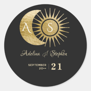 Chic Celestial Zwart Gouden Zon Maan Monogram Wape Ronde Sticker
