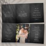 Chic Chalkboard bruiloft Drieluik Programma<br><div class="desc">Deze prachtige programma's zijn perfect voor iedereen die dit jaar gaat trouwen. Het ontwerp is voorzien van elegante witte tekst op een krijtbord stijl achtergrond, zeer trendy maar met een tijdloos gevoel. De formulering van de sjabloon is gemakkelijk te personaliseren en er is ook ruimte om uw favoriete foto op...</div>