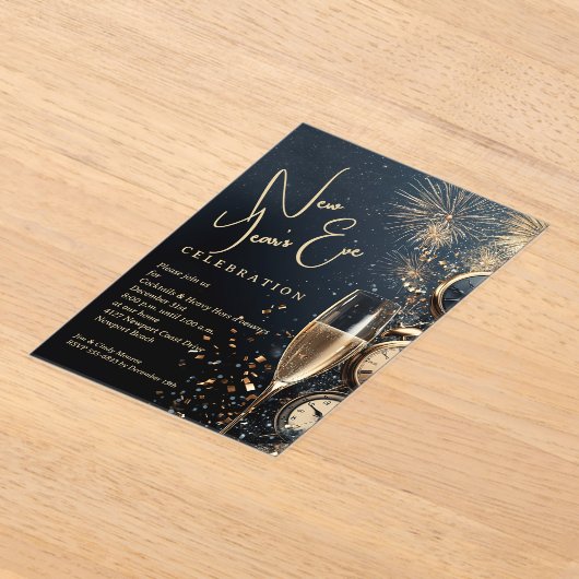 Chic Champagne and Clocks New Year's Eve Acryl Uitnodigingen (Laagn)