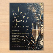 Chic Champagne and Clocks New Year's Eve Acryl Uitnodigingen (Voorkant)