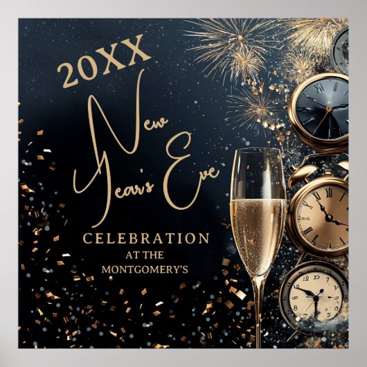 Chic Champagne and Clocks New Year's Eve Party Poster (Voorkant)