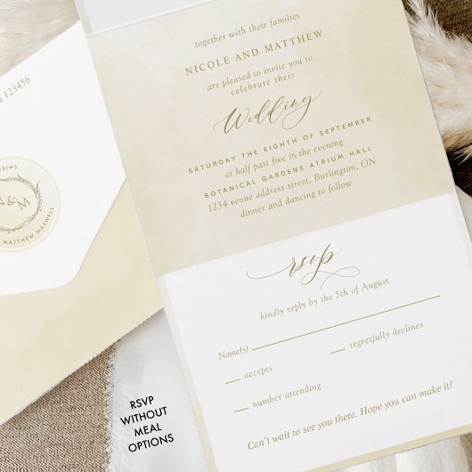 Chic, Champagne Cream Waterverf Monogram Weddensch All In One Uitnodiging