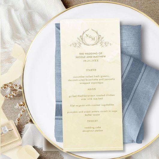 Chic Champagne Cream Waterverf, Monogram Wedding Menu
