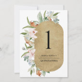 Chic Champagne en Roos Gold Floral Table Number (Voorkant)