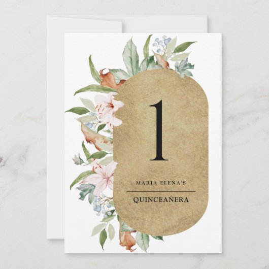 Chic Champagne en Roos Gold Floral Table Number (Achterkant)