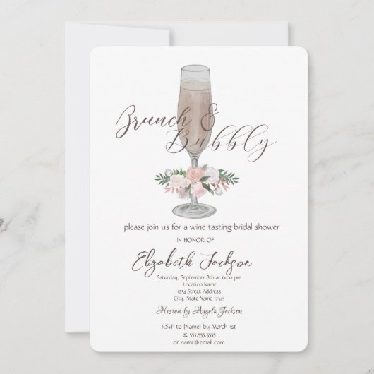 Chic Champagne Glass, Rozen Brunch en bubbelbubbel Kaart (Voorkant)