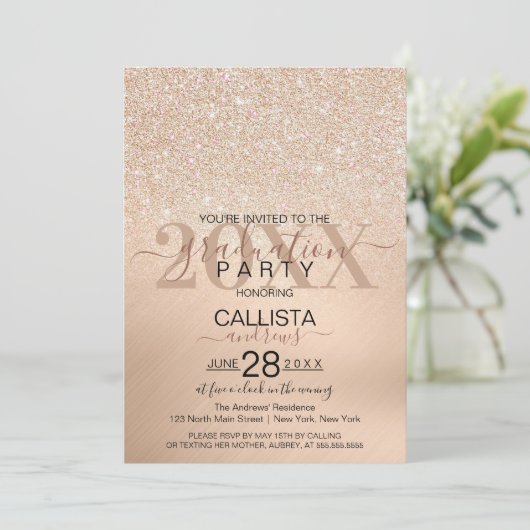 Chic Champagne Gold Glitter Metallic Afstuderen Kaart (Staand voorkant)