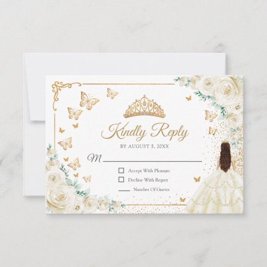 Chic Champagne Ivory Roses Gold Quinceanera Reply RSVP Kaartje (Voorkant)