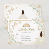Chic Champagne Ivory Roses Gold Quinceanera Reply RSVP Kaartje (Voorkant / Achterkant)