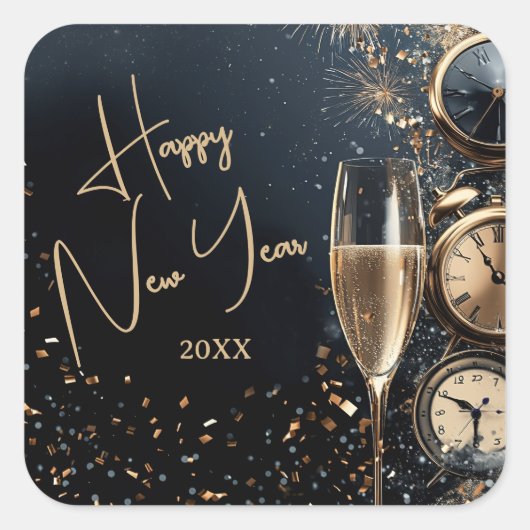 Chic Champagne Time Happy New Year Vierkante Sticker (Voorkant)