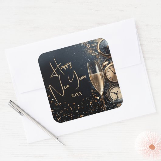 Chic Champagne Time Happy New Year Vierkante Sticker (Envelop)