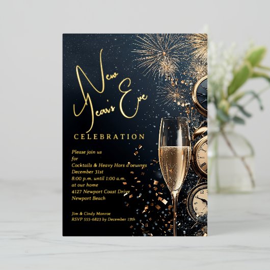 Chic Champagne Time New Year's Eve Folie Uitnodiging (Staand Voorkant)