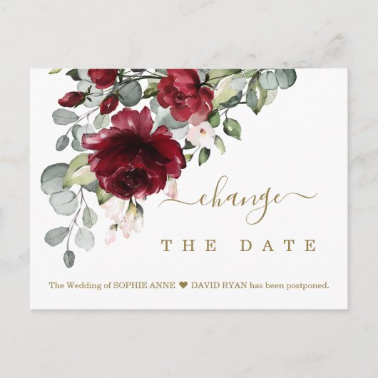 Chic Change Our Date Burgundy Flowers Wedding Briefkaart (Voorkant)