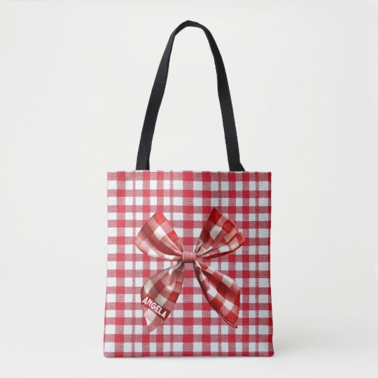 Chic Check Bow Red en White Gingham Tote Bag (Voorkant)