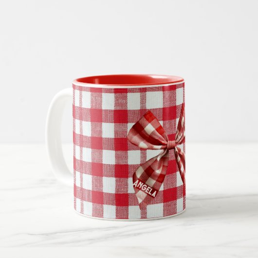 Chic Check Bow Red en White Gingham Tweekleurige Koffiemok (Voorkant links)