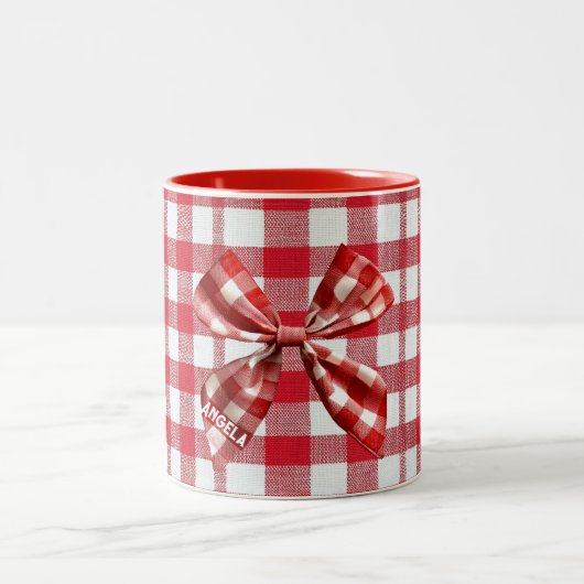 Chic Check Bow Red en White Gingham Tweekleurige Koffiemok (Center)