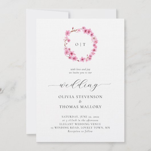 Chic Cherry Blossom Wreath Crest Monogram Weddensc Kaart (Voorkant)