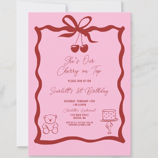 Chic Cherry op Top Bow Roze en Rood 1e verjaardag Kaart