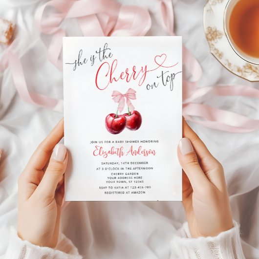 Chic Cherry op Top Coquette Baby shower Kaart