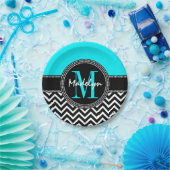 Chic Chevron Bright Aqua Verjaardag Monogram Papieren Bordje (Feest)