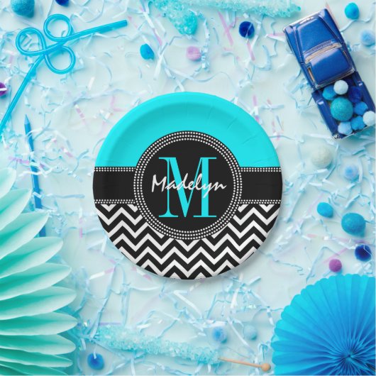 Chic Chevron Bright Aqua Verjaardag Monogram Papieren Bordje (Feest)