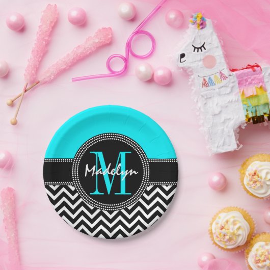 Chic Chevron Bright Aqua Verjaardag Monogram Papieren Bordje (Feest)