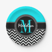 Chic Chevron Bright Aqua Verjaardag Monogram Papieren Bordje (Voorkant)
