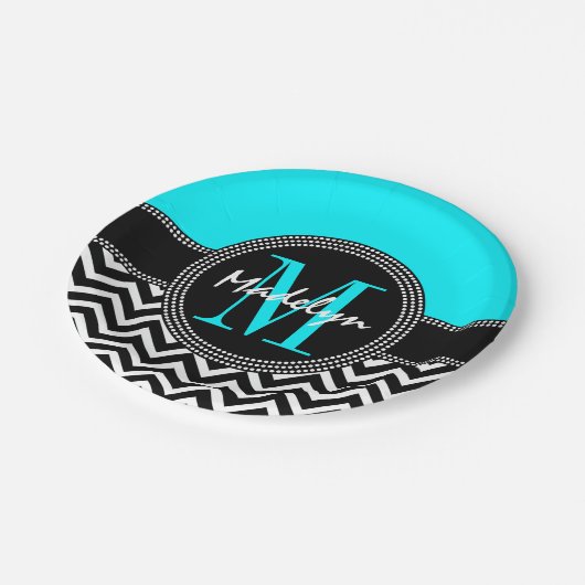 Chic Chevron Bright Aqua Verjaardag Monogram Papieren Bordje (Gekanteld)