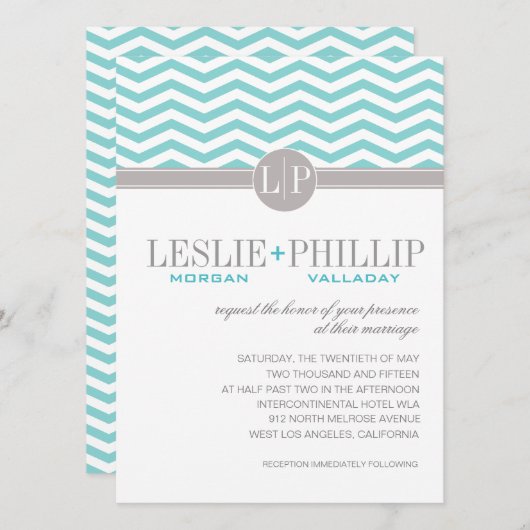 Chic Chevron Monogram | blauwgroen huwelijk Kaart (Voorkant / Achterkant)