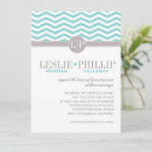 Chic Chevron Monogram | blauwgroen huwelijk Kaart (Staand voorkant)
