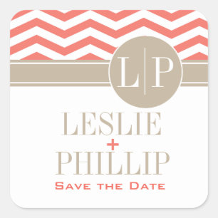 Chic Chevron Monogram   koraal Vierkante Sticker