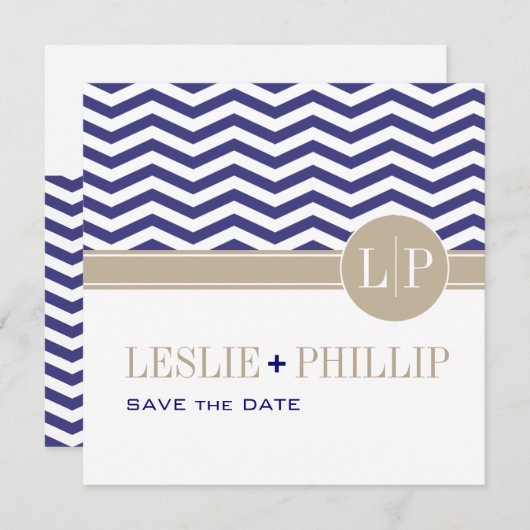 Chic Chevron Monogram Save the Date | marineblauw (Voorkant / Achterkant)