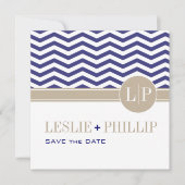 Chic Chevron Monogram Save the Date | marineblauw (Voorkant)