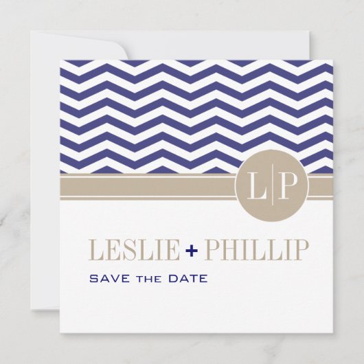Chic Chevron Monogram Save the Date | marineblauw (Voorkant)