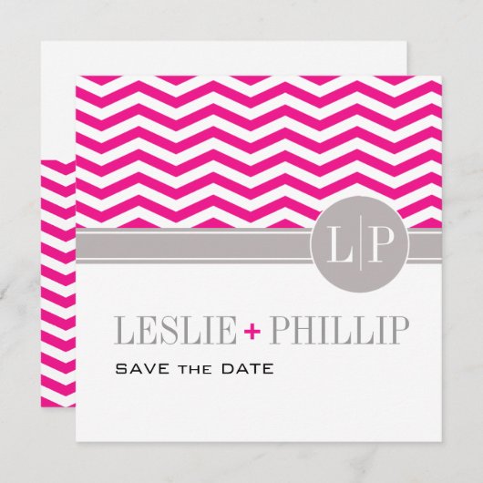 Chic Chevron Monogram sparen de Datum | fuschia Save The Date (Voorkant / Achterkant)