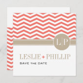 Chic Chevron Monogram sparen de Datum | koraal Save The Date (Voorkant / Achterkant)