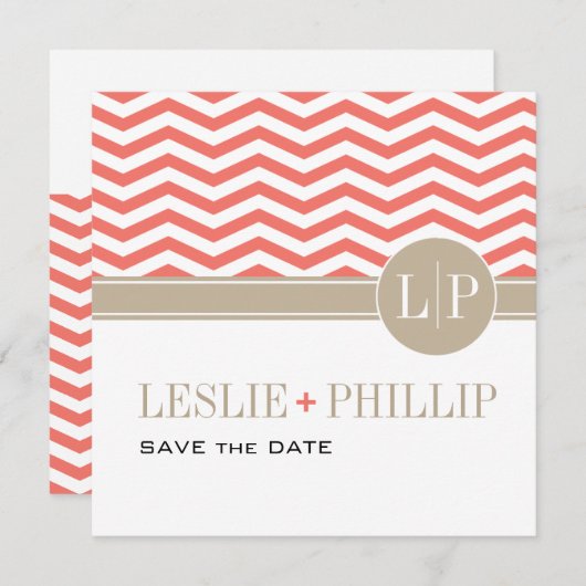 Chic Chevron Monogram sparen de Datum | koraal Save The Date (Voorkant / Achterkant)