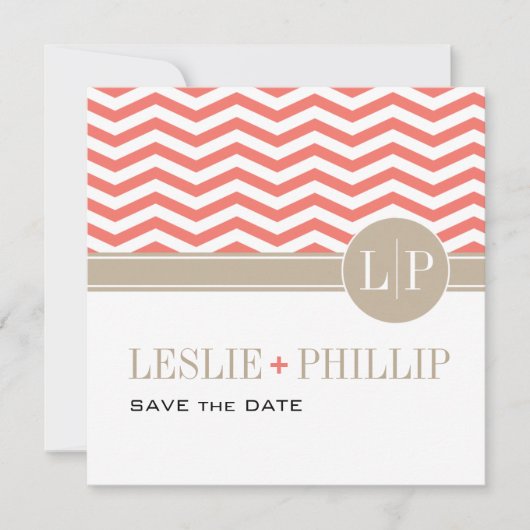 Chic Chevron Monogram sparen de Datum | koraal Save The Date (Voorkant)