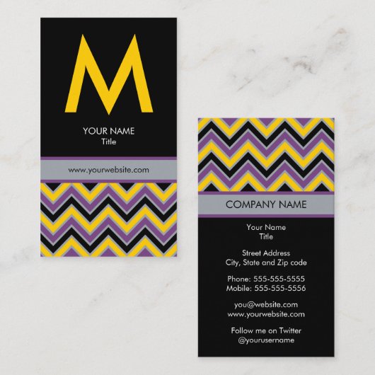 Chic Chevron Monogram Visitekaartje - Geel/zwart (Voorkant / Achterkant)