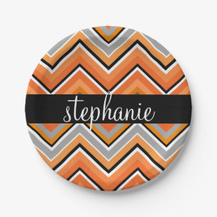 Chic Chevron Pattern Black Grey Sinaasappel met na Papieren Bordje
