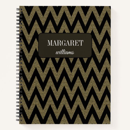 Chic chevron zigzag  glitter &black custom name notitieboek (Voorkant)