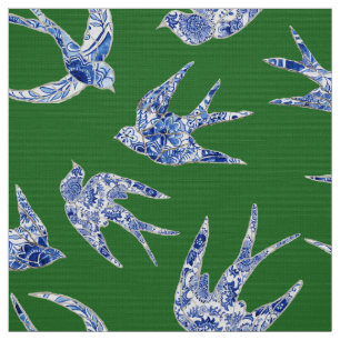 Chic Chinoiserie Swallow Birds Floral Blue Stof
