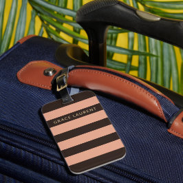 Chic Chocolade Bruin & Blush Roze Strepen Custom Bagagelabel
