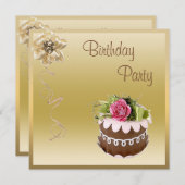 Chic Chocolate Cake & Roos Gold Birthday Party Kaart (Voorkant / Achterkant)