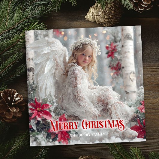 Chic Christmas angel red poinsettias unique card Feestdagenkaart