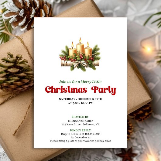 Chic Christmas Candles Pine Wreath Party Invite Kaart