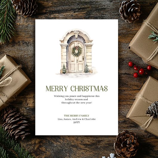 Chic Christmas Door Greeting Card Sage Ivory Gold Feestdagenkaart