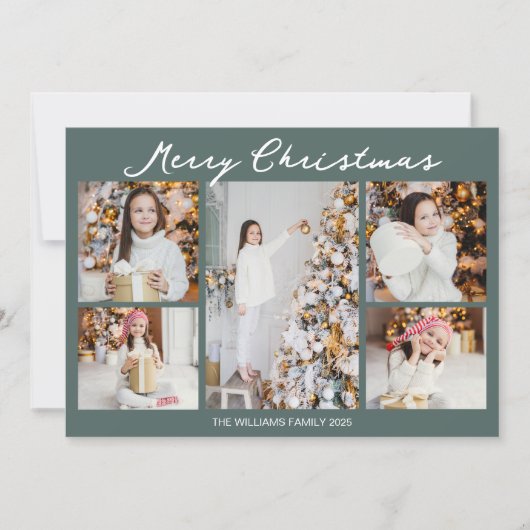 Chic Christmas Family Photo Collage Grey Green Feestdagenkaart (Voorkant)
